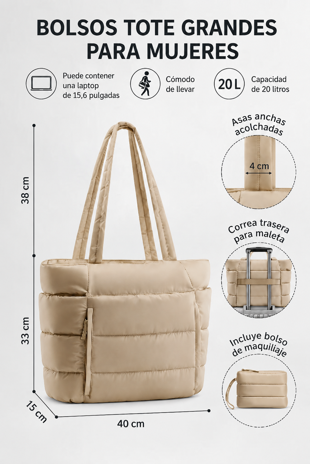 Bolso Tote acolchado ideal para trabajo y uso diario