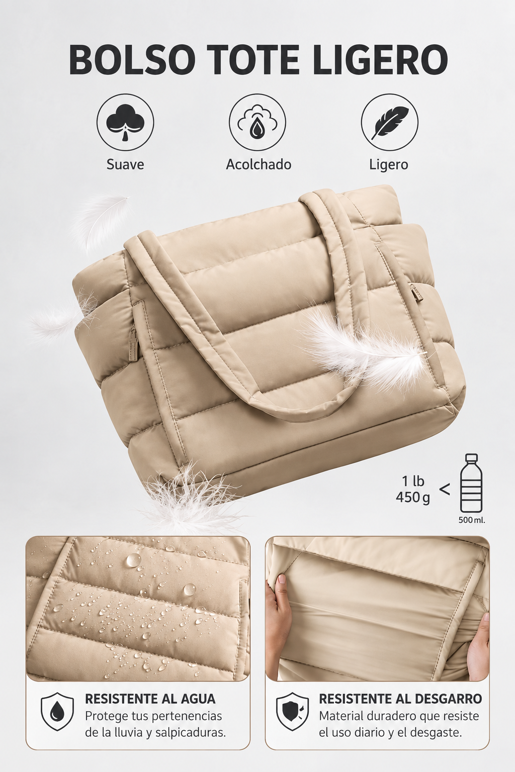 Bolso Tote acolchado ideal para trabajo y uso diario