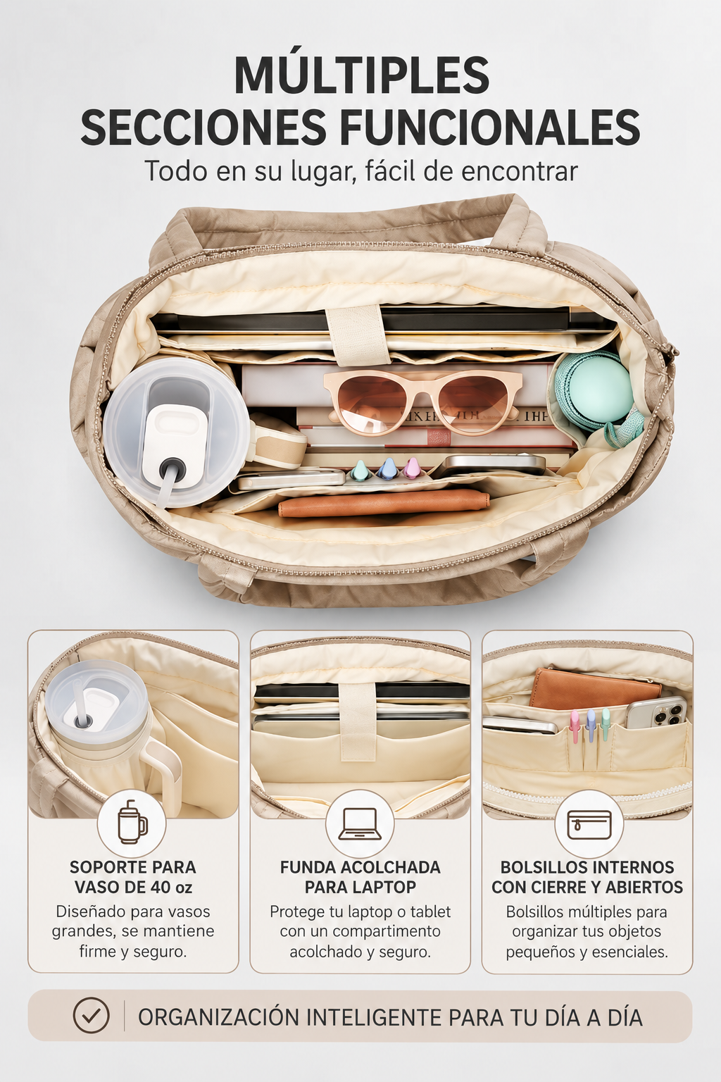 Bolso Tote acolchado ideal para trabajo y uso diario