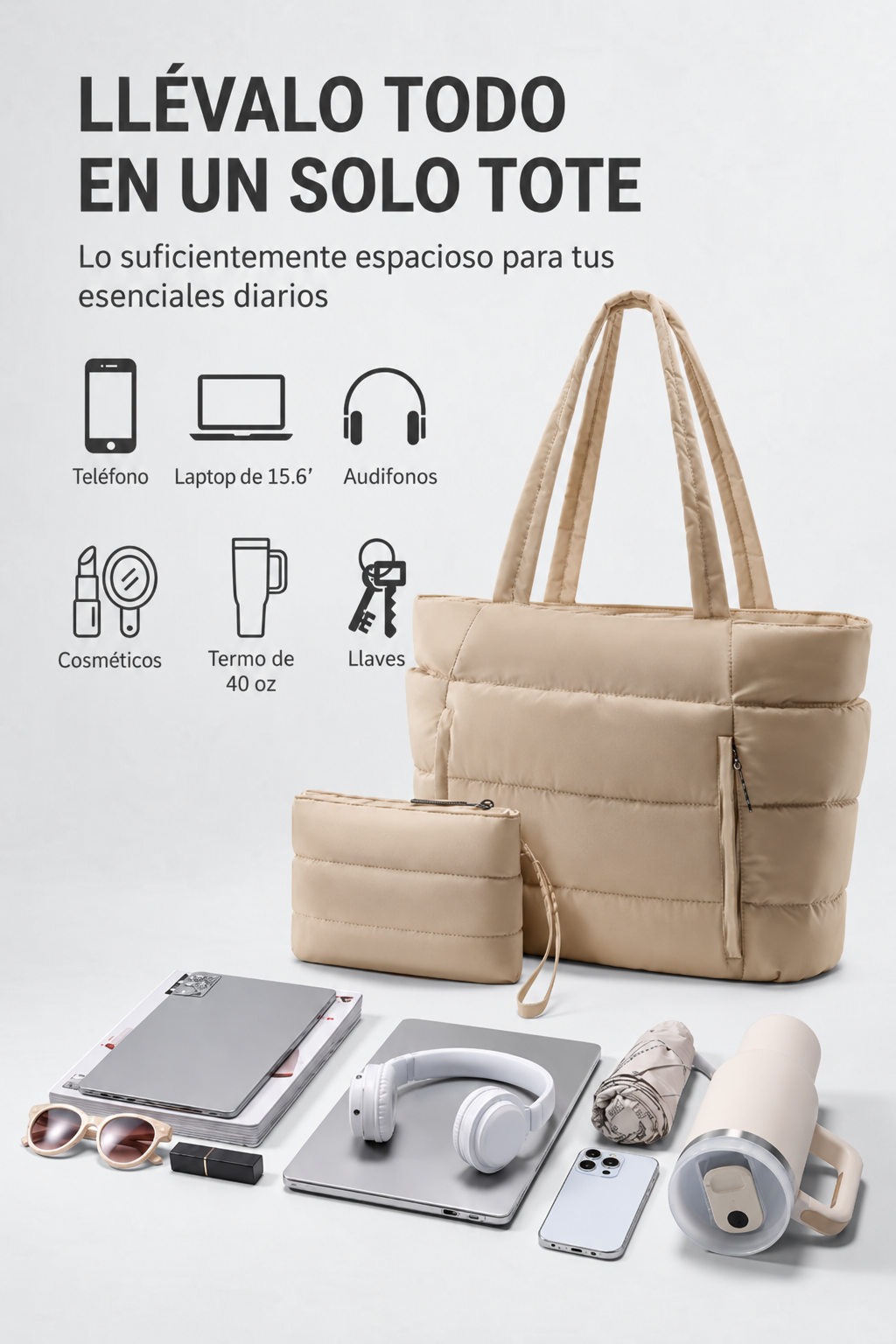 Bolso Tote acolchado ideal para trabajo y uso diario