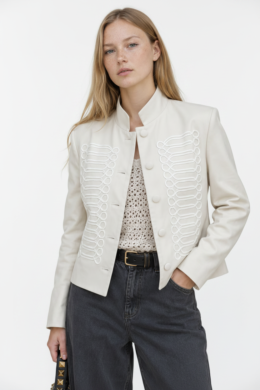 Chaqueta Napoleón con Cuello Alto y Hombreras Beige