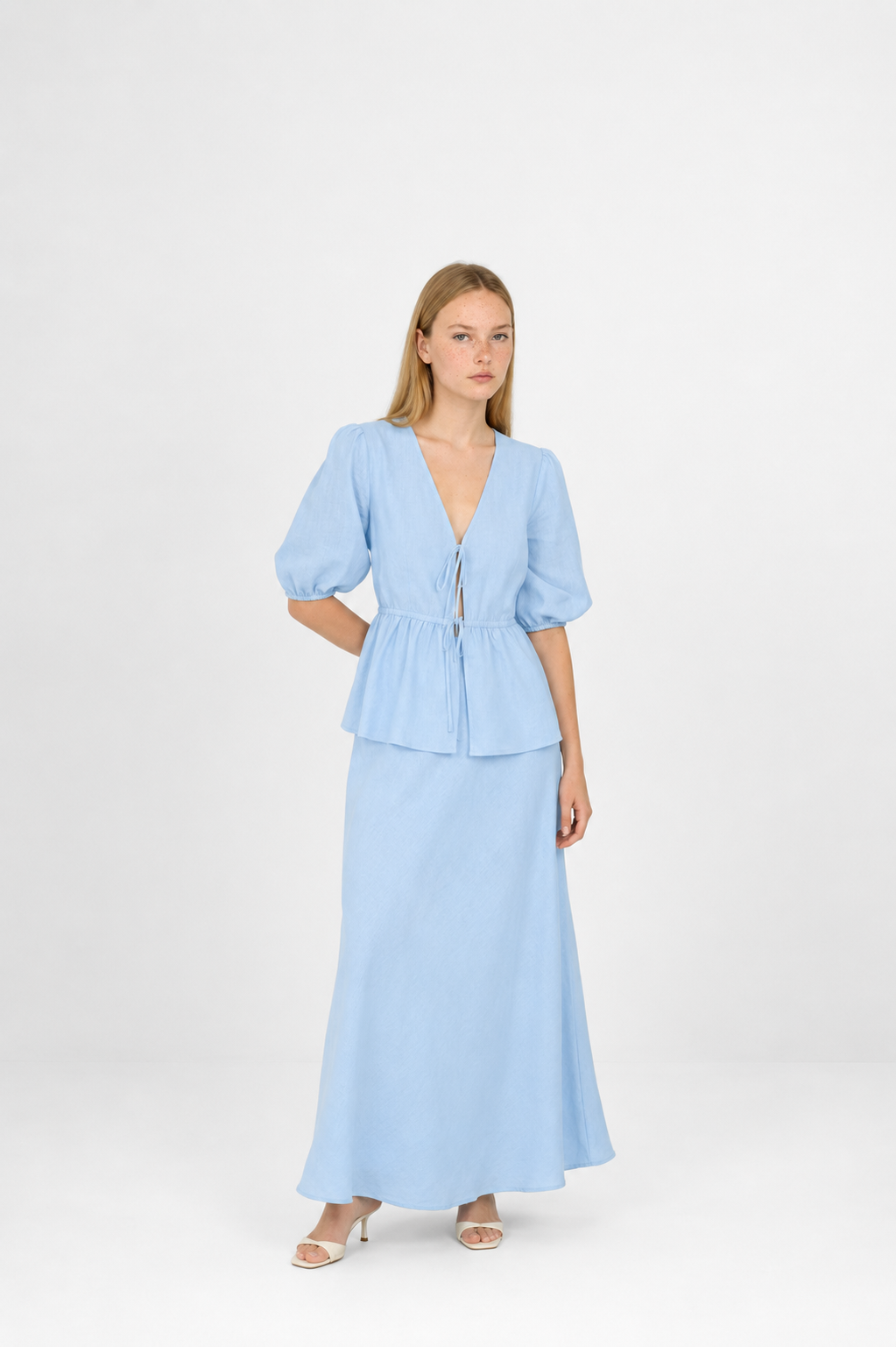 Conjunto 2 Piezas Blusa Manga Abullonada y Falda Larga
