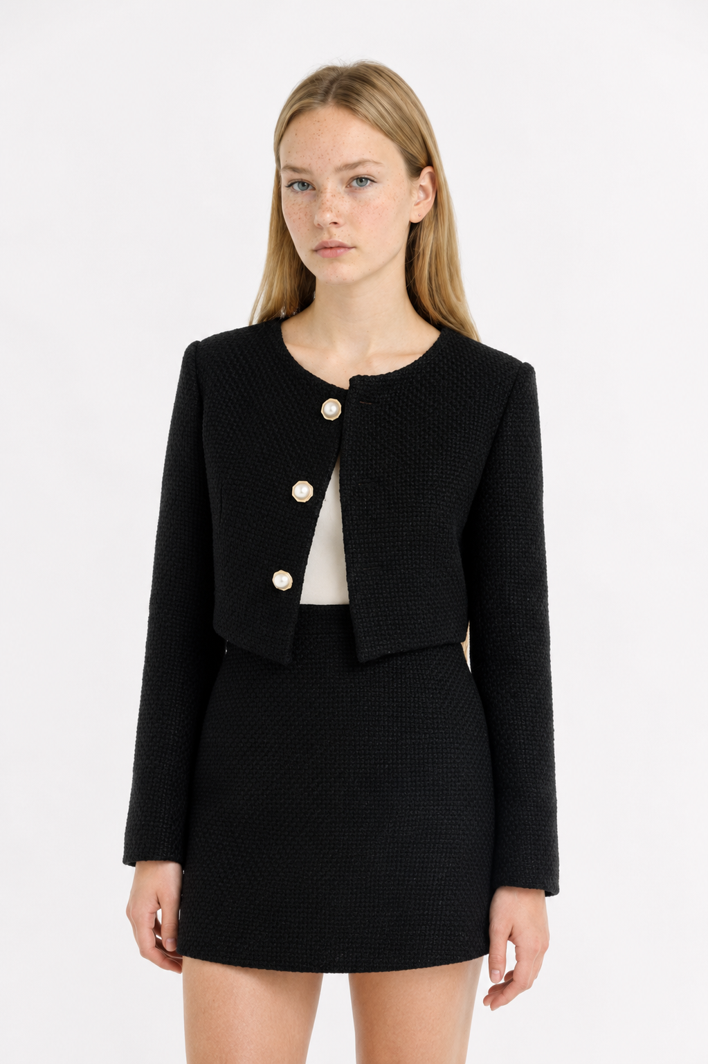 Conjunto Chaqueta Tweed y Minifalda Botones Perlas