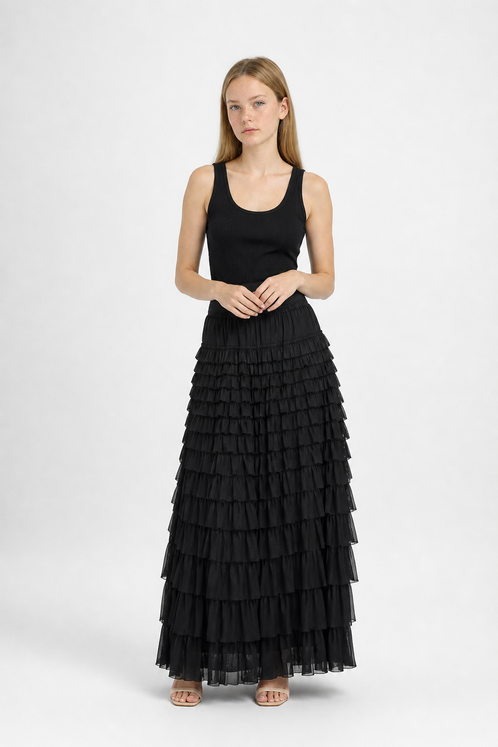 Falda Larga de Capas Cintura Alta Estilo A-Line