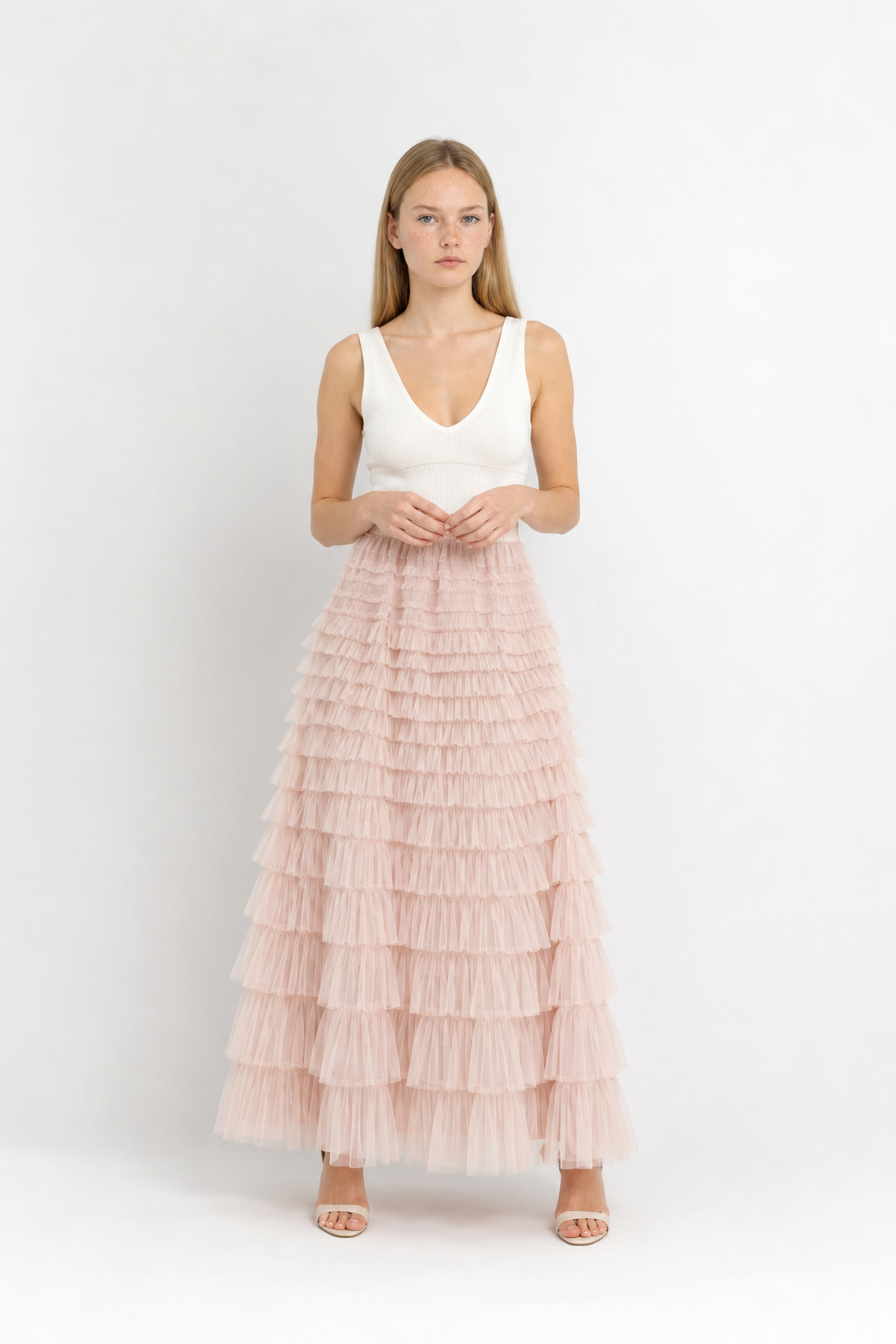 Falda Larga de Capas Cintura Alta Estilo A-Line