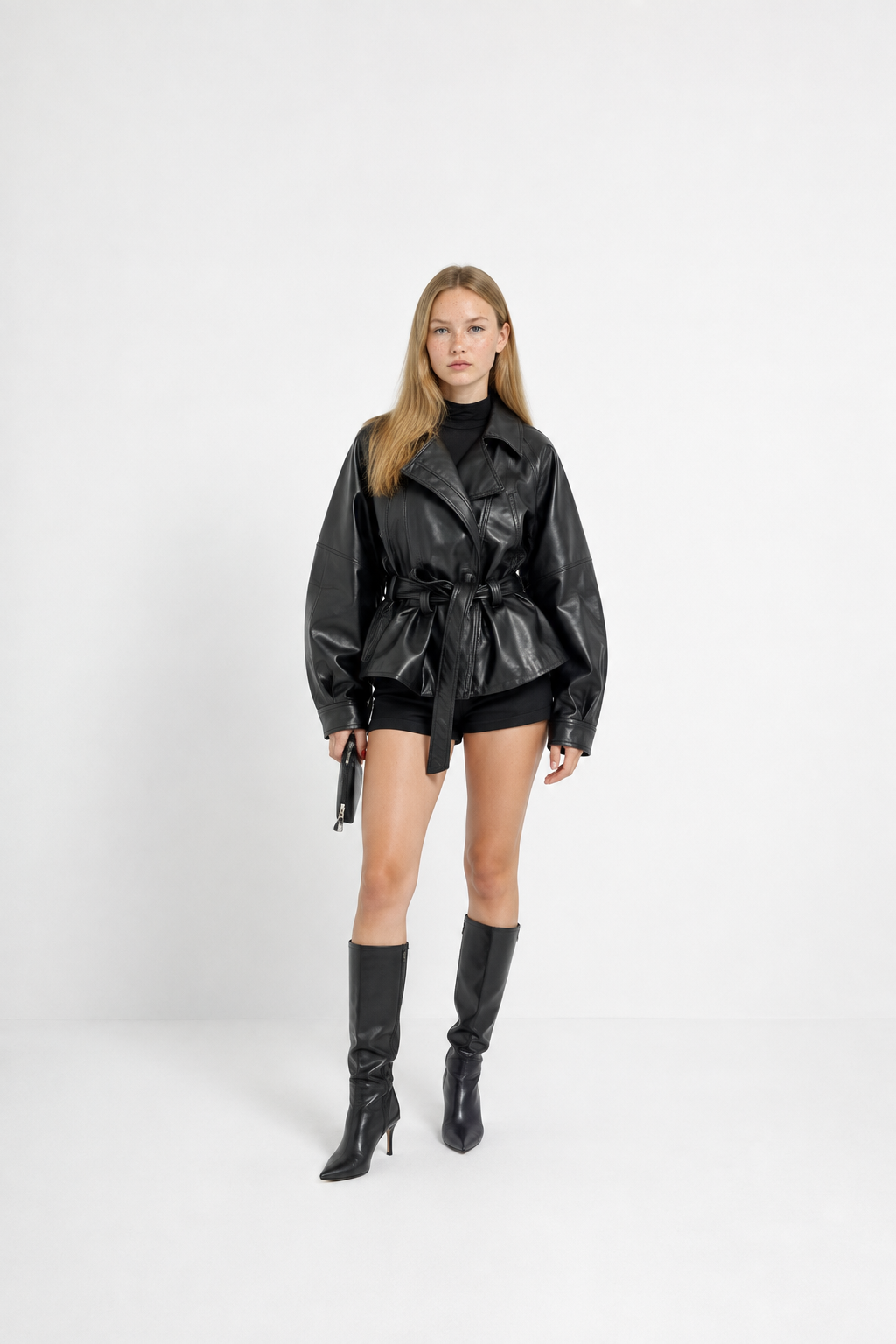 Gabardina de piel sintética con cinturón y solapa, chaqueta vintage