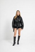 Gabardina de piel sintética con cinturón y solapa, chaqueta vintage