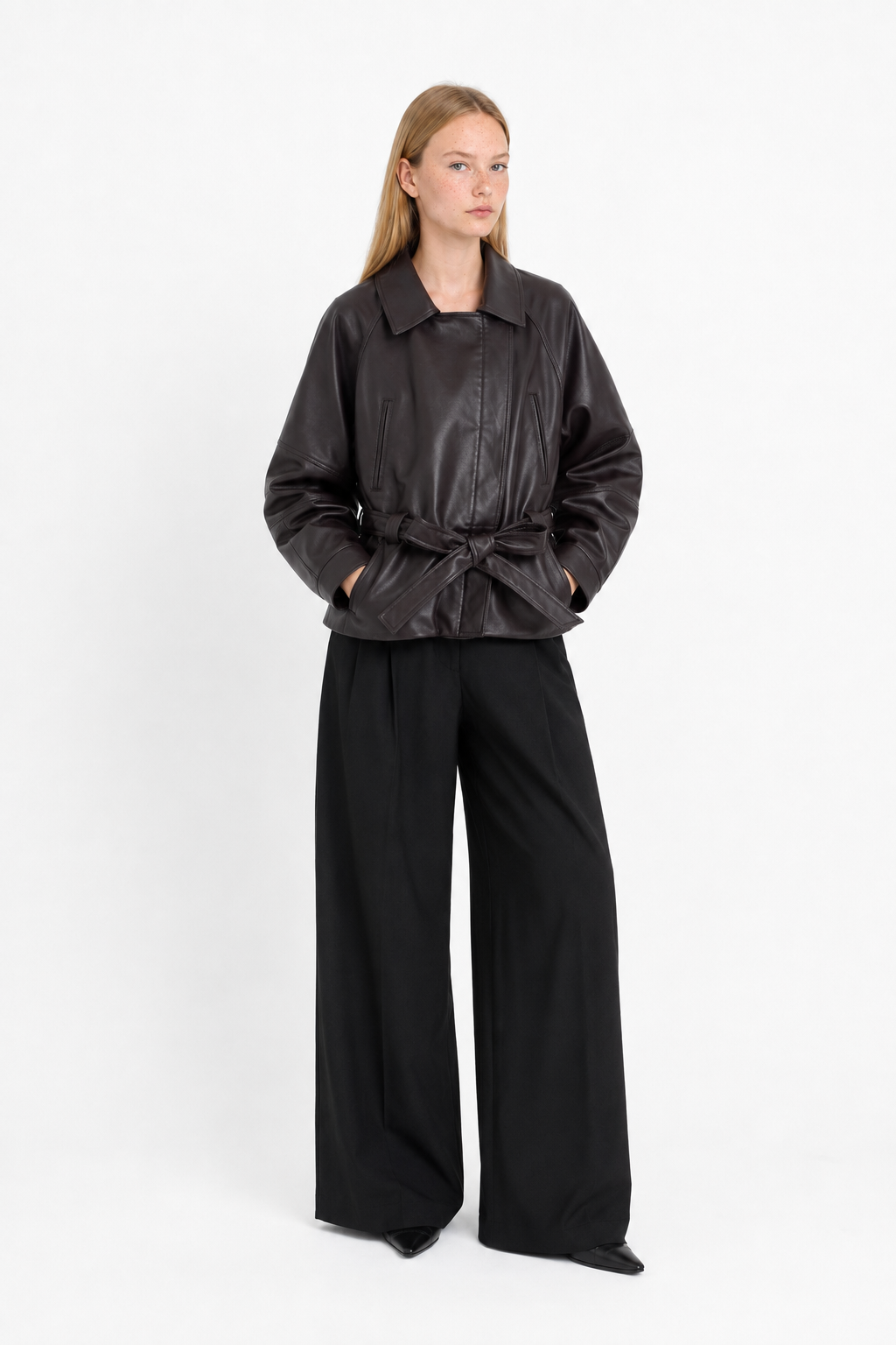Gabardina de piel sintética con cinturón y solapa, chaqueta vintage