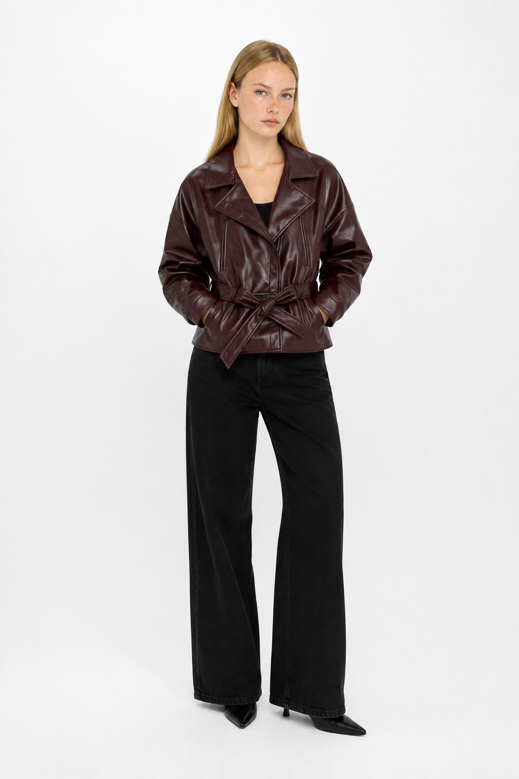 Gabardina de piel sintética con cinturón y solapa, chaqueta vintage