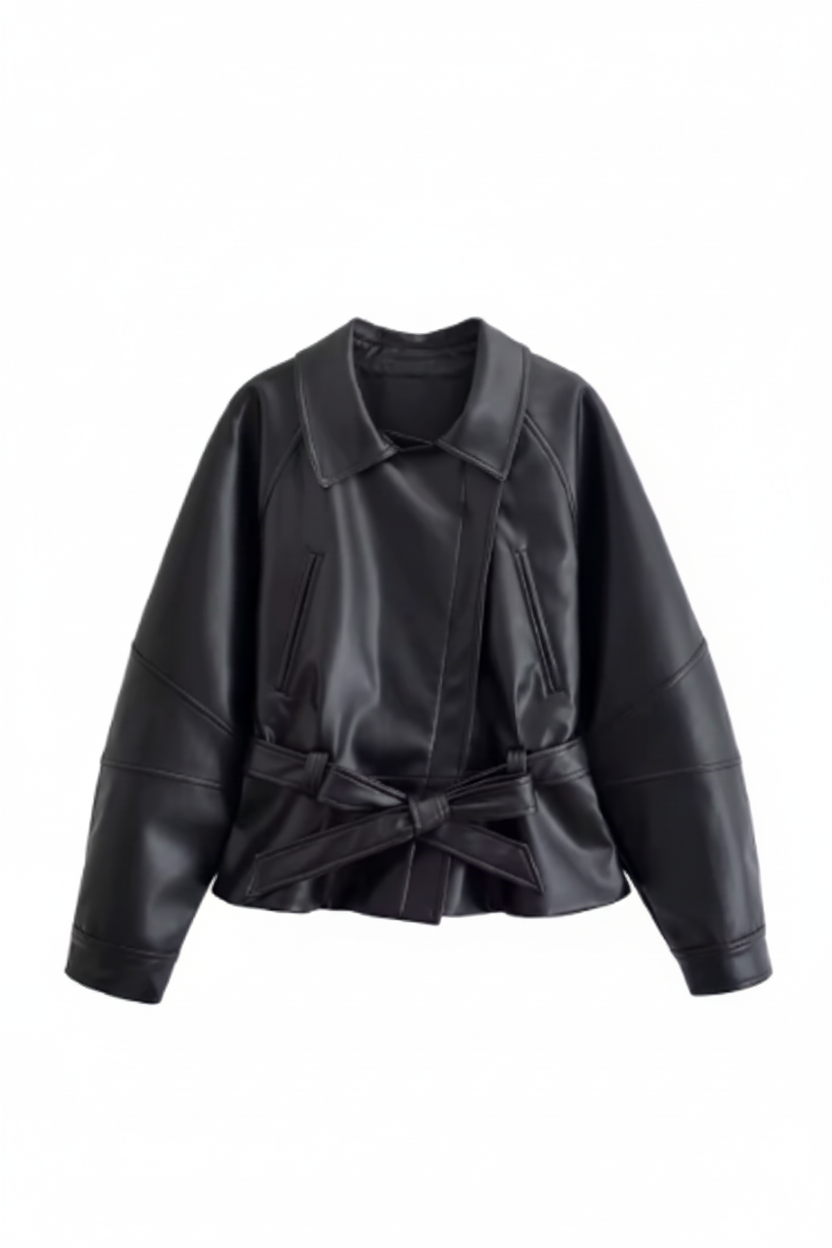 Gabardina de piel sintética con cinturón y solapa, chaqueta vintage