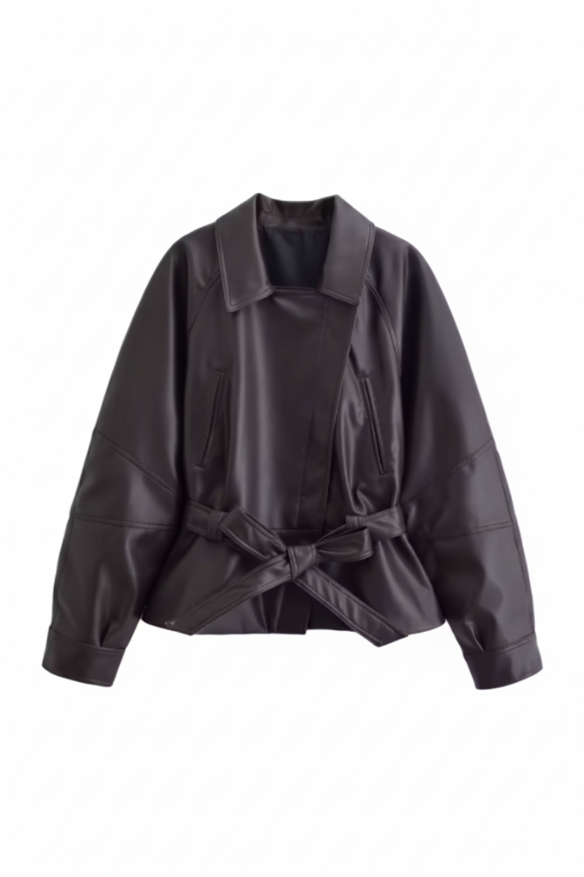 Gabardina de piel sintética con cinturón y solapa, chaqueta vintage