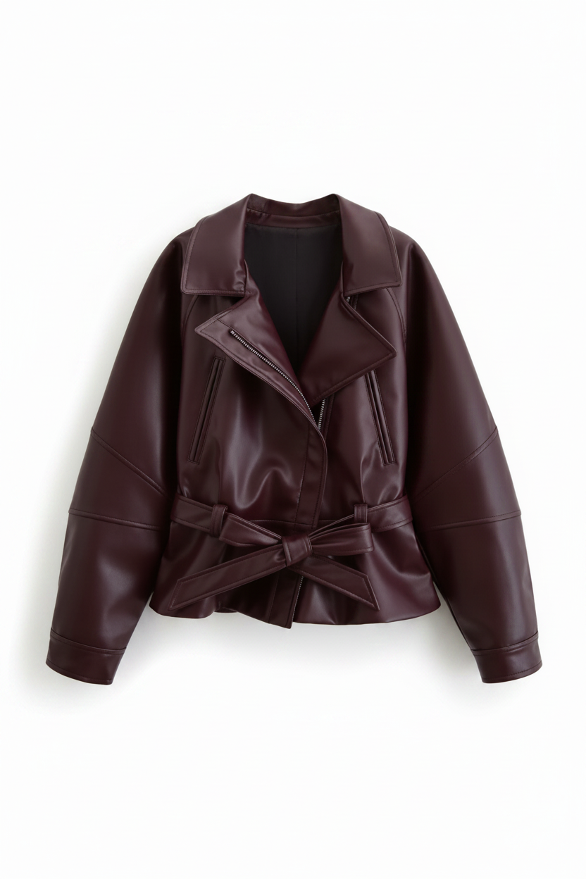 Gabardina de piel sintética con cinturón y solapa, chaqueta vintage