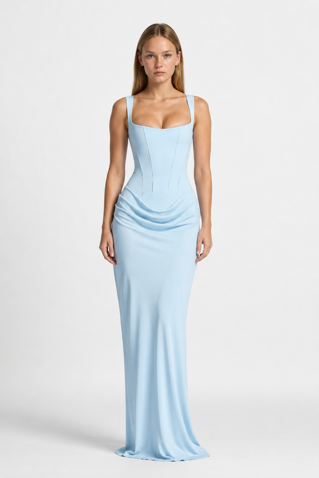Vestido Largo Plisado de Tirantes Cuello Cuadrado