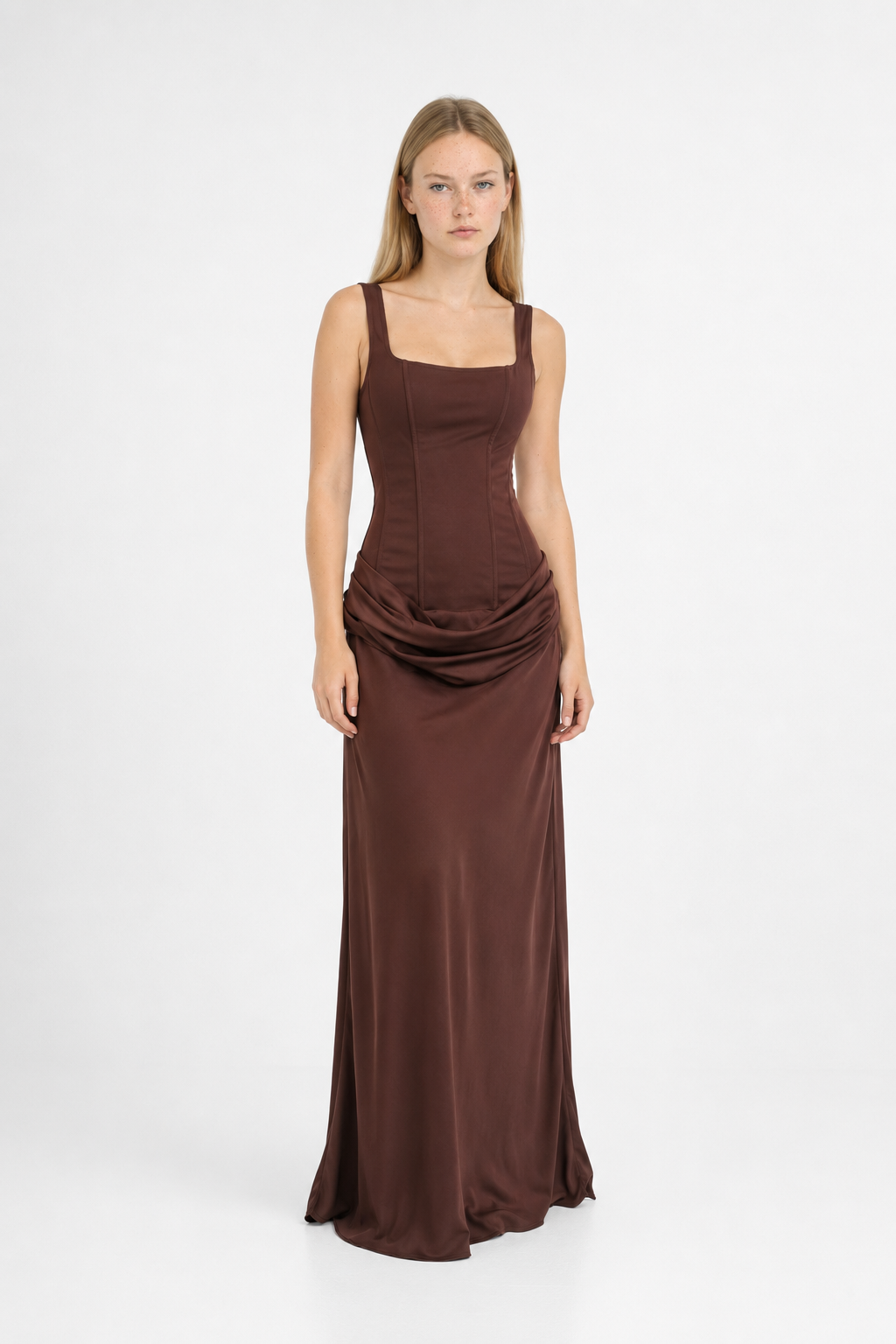 Vestido Largo Plisado de Tirantes Cuello Cuadrado