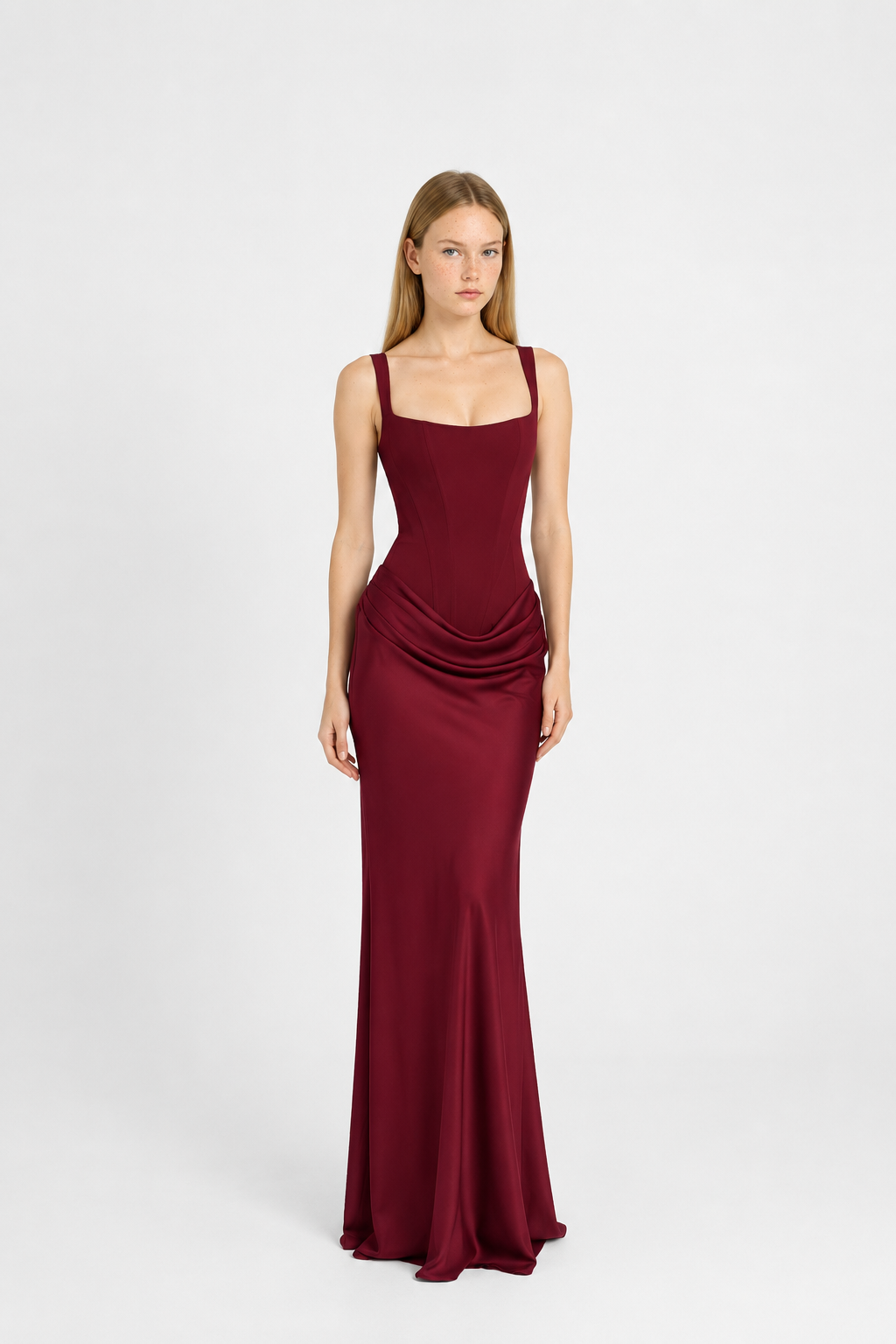 Vestido Largo Plisado de Tirantes Cuello Cuadrado