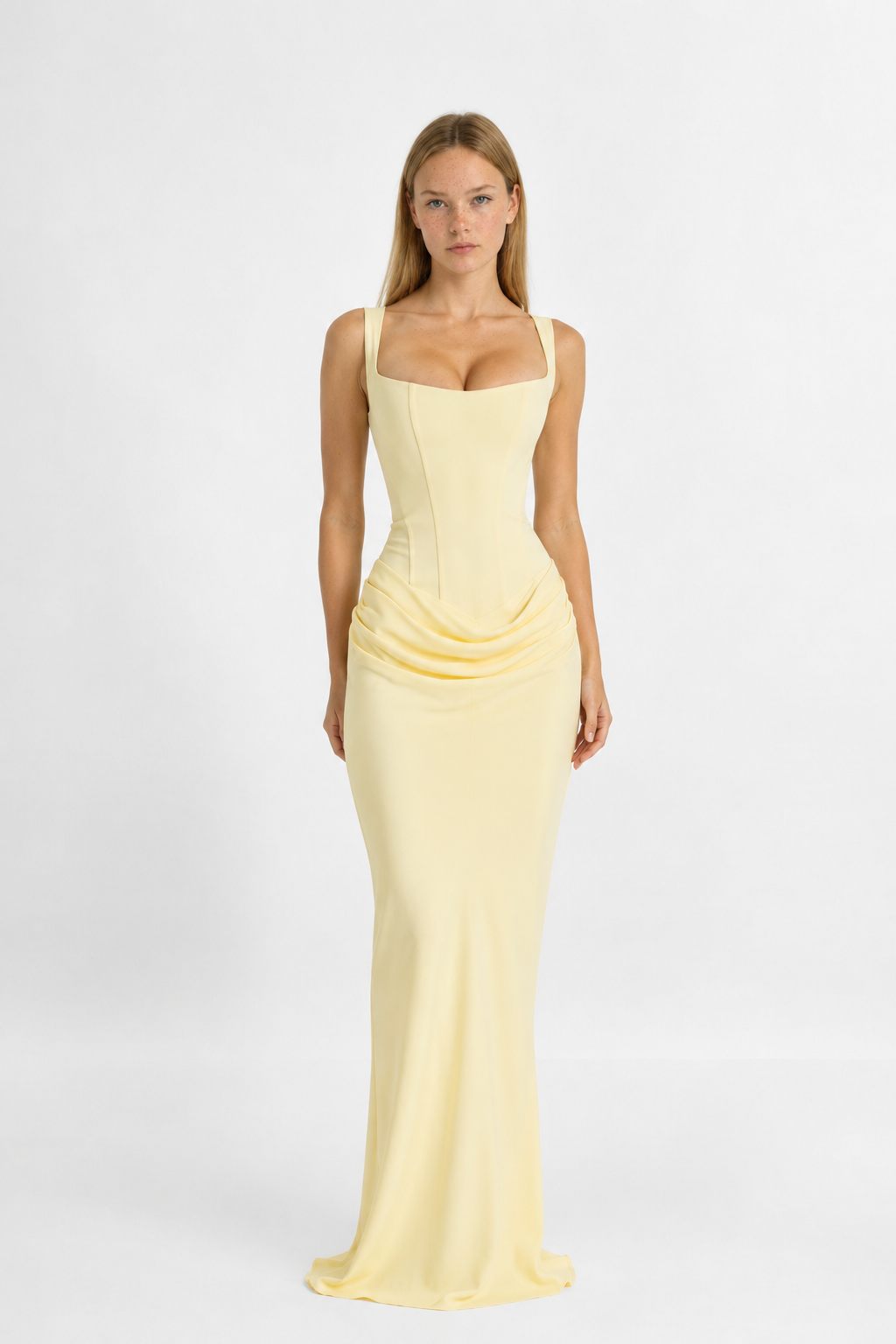 Vestido Largo Plisado de Tirantes Cuello Cuadrado