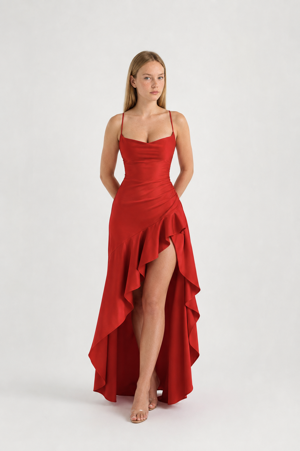 Vestido Largo de Satén con Abertura y Hombro Descubierto