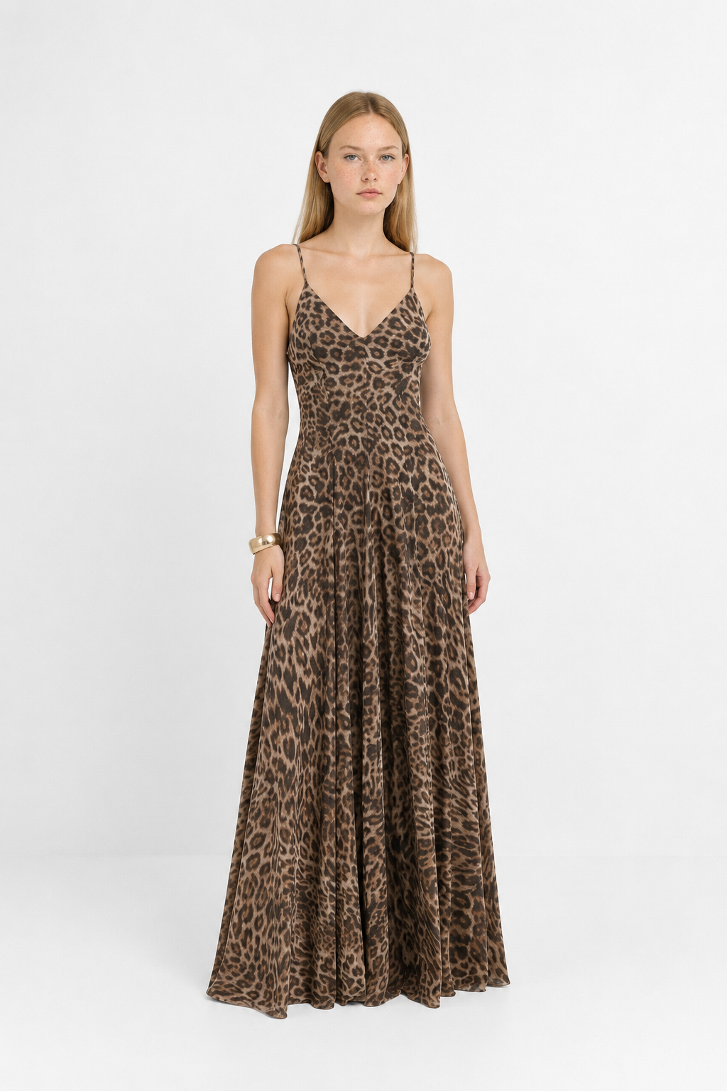 Vestido Largo de Tirantes Estampado de Leopardo