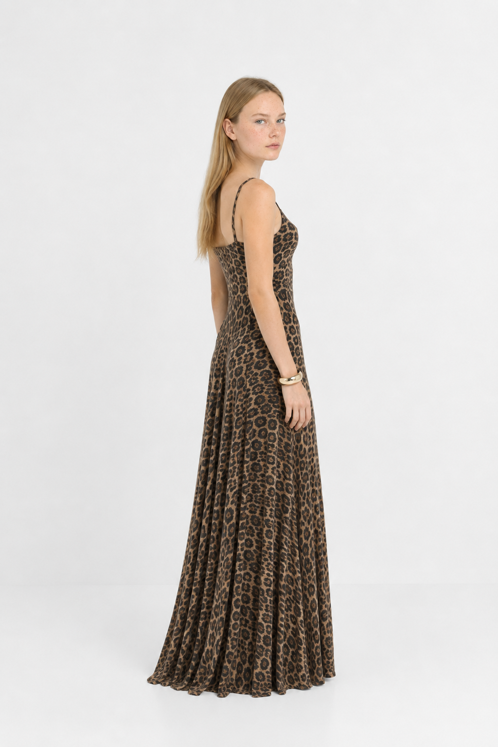 Vestido Largo de Tirantes Estampado de Leopardo