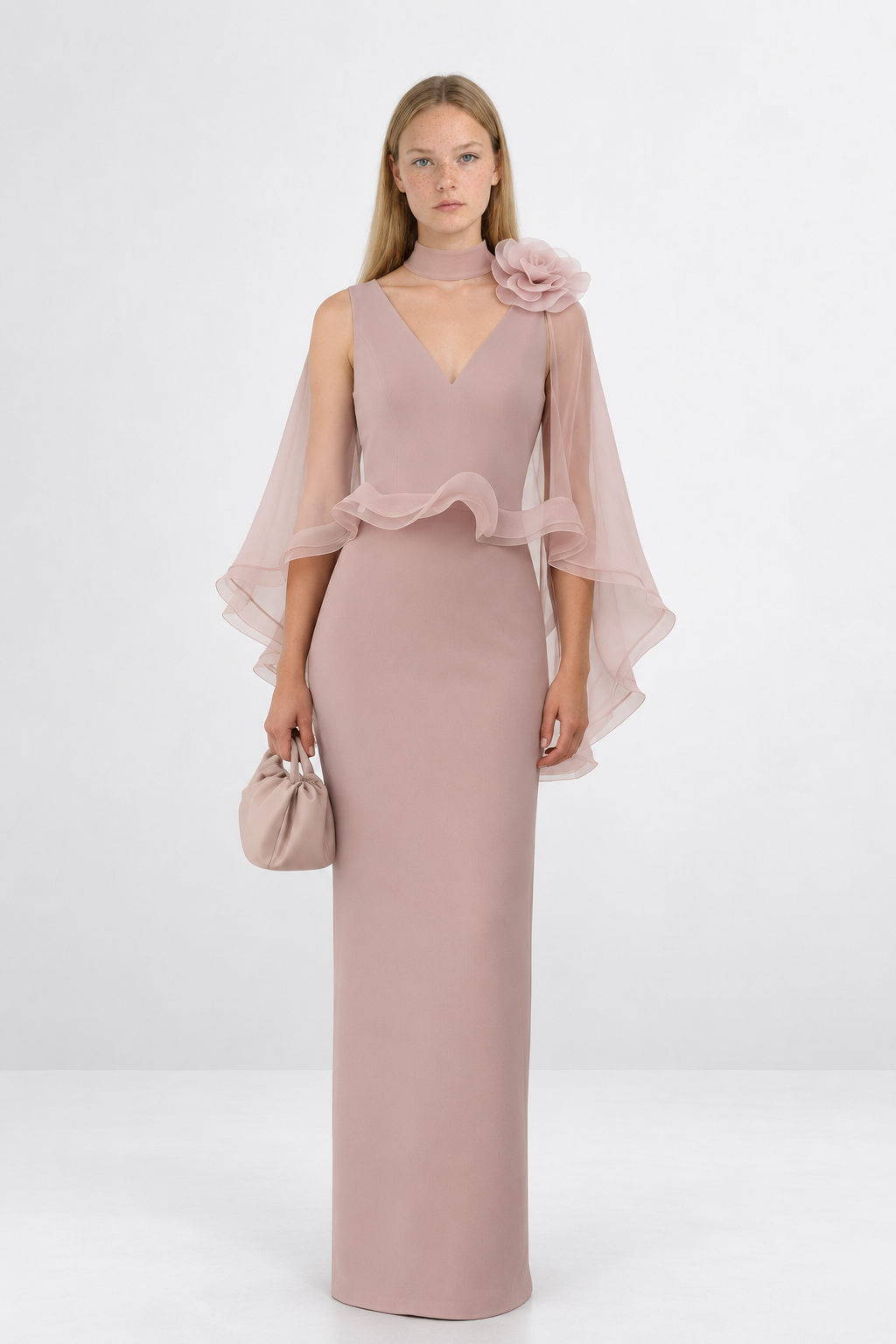 Vestido Maxi Cuello en V con Capa de Hombros