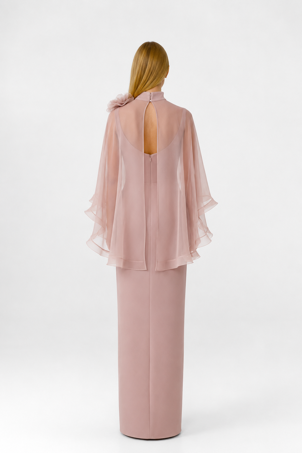 Vestido Maxi Cuello en V con Capa de Hombros