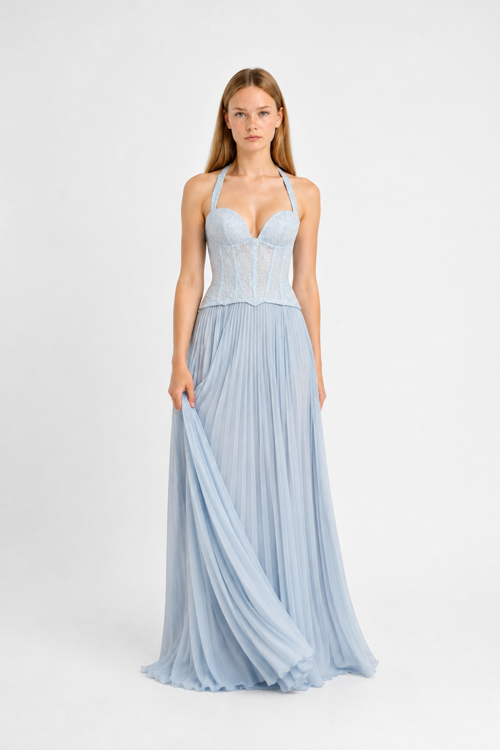 Vestido largo elegante con corset plisado