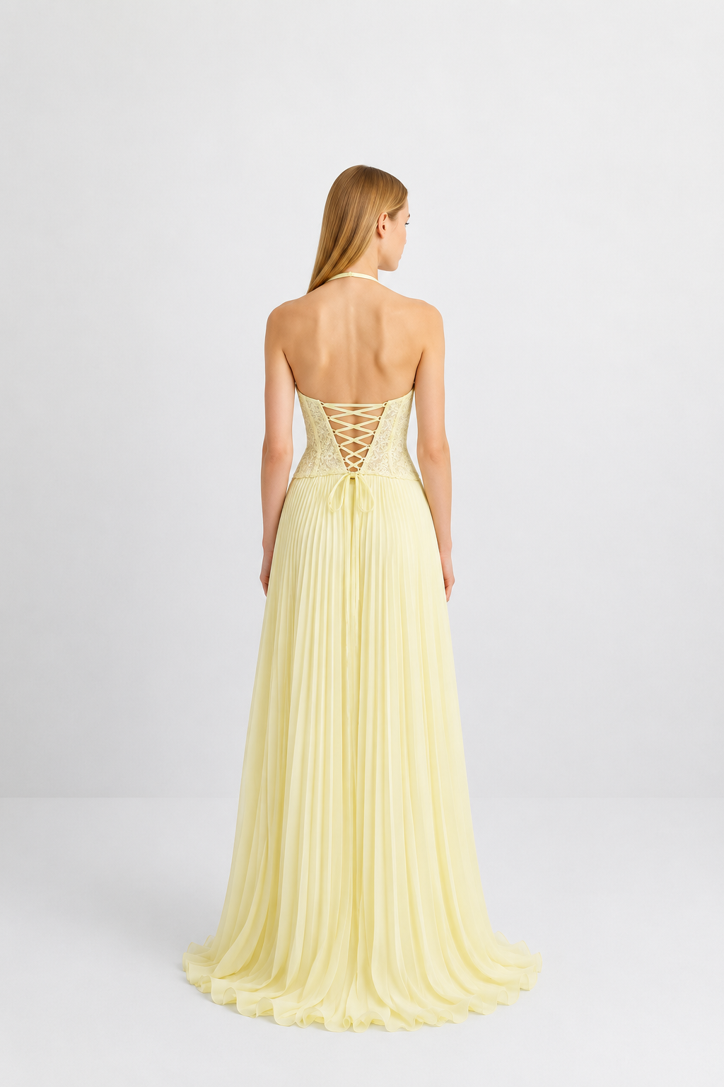 Vestido largo elegante con corset plisado