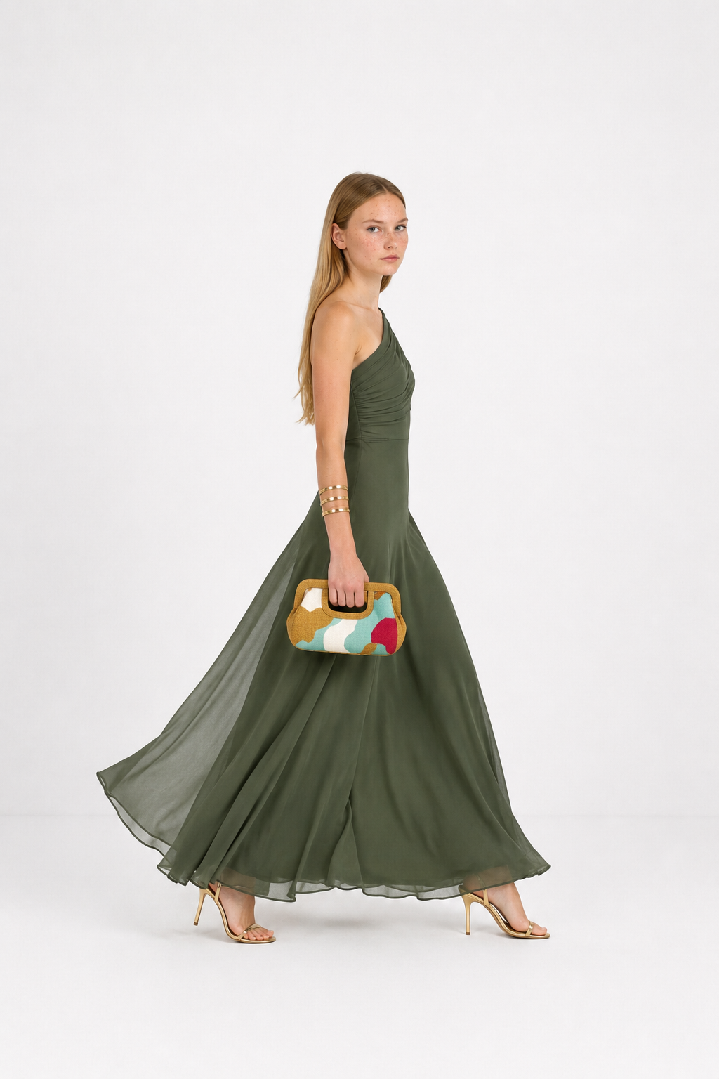Vestido largo off-shoulder de cintura alta