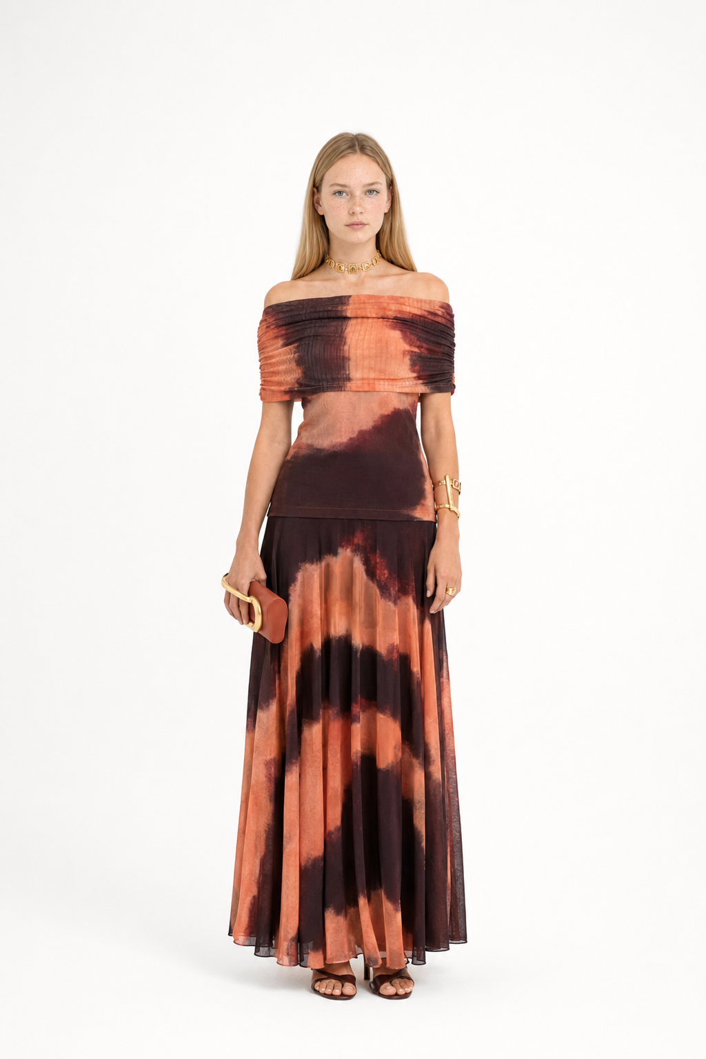 Vestido largo off-shoulder de cintura alta