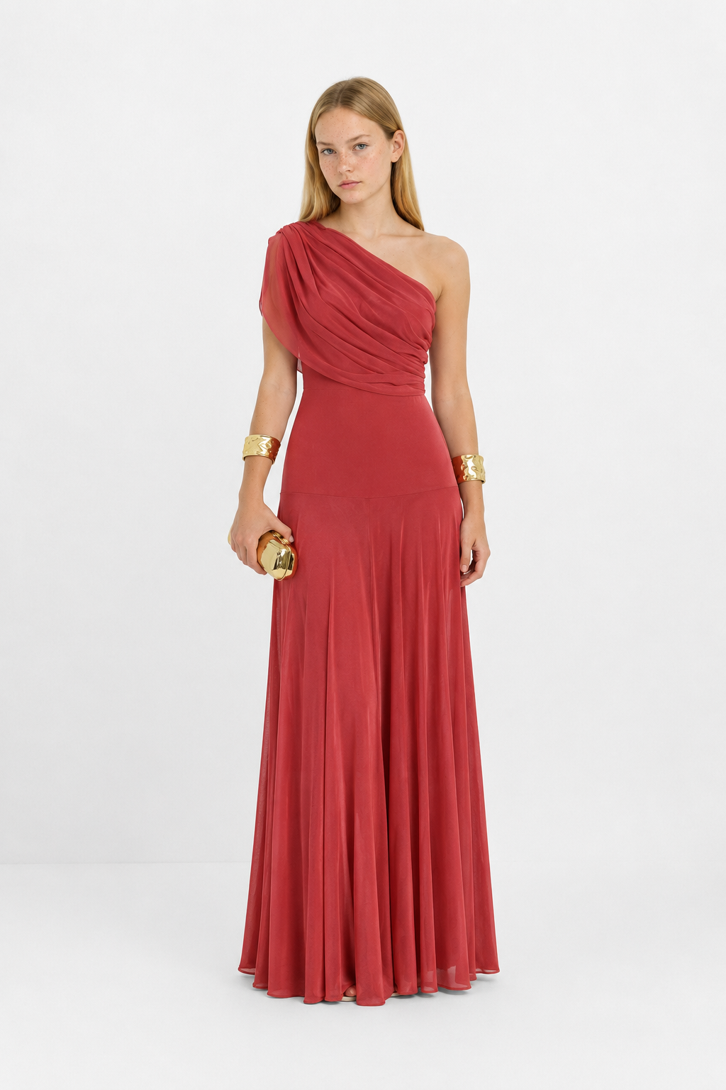 Vestido largo off-shoulder de cintura alta