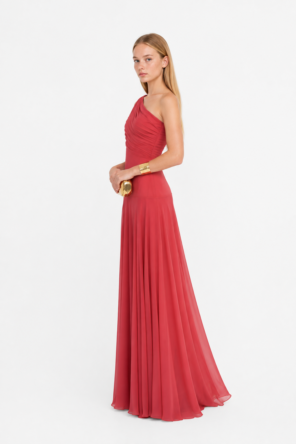 Vestido largo off-shoulder de cintura alta